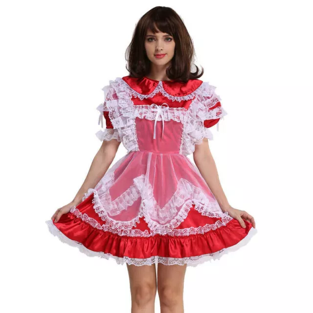 Sissy Girl Maid Lockable Red Satin Cross Dressers Dress Cosplay Costume 