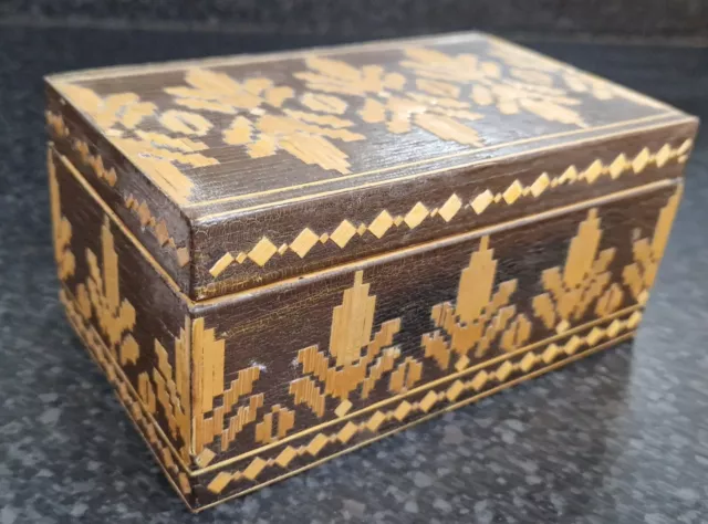 Prisoner of War Straw Work Napoleonic Geometric POW Wooden Box Antique