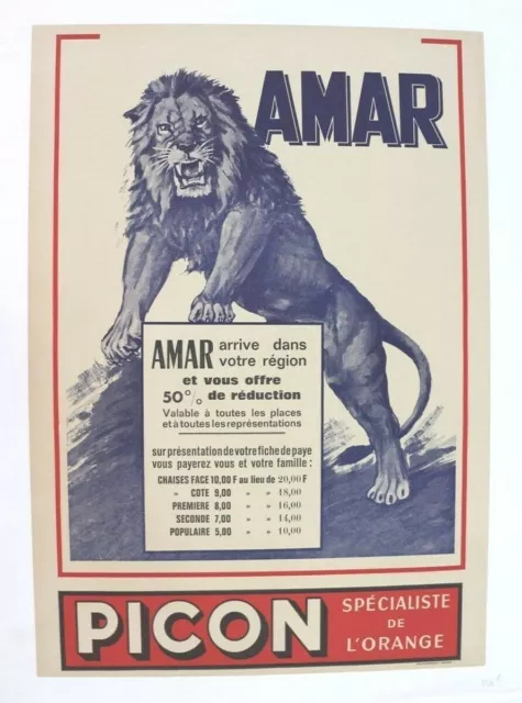 Cirque Amar Affiche Originale Circus Poster Lion Picon