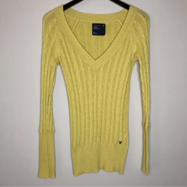 American Eagle V-Neck Chartreuse Sweater Jumper Fitted Extra Long Stretch Wool M