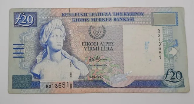 1997 - Central Bank Of Cyprus - £20 (Twenty) Lira /Pounds Banknote No. R 213651
