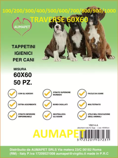 100/1000 TAPPETINI ASSORBENTI PER CANI 60x60 TRAVERSE CANE PANNOLINI DOG AUMAPET