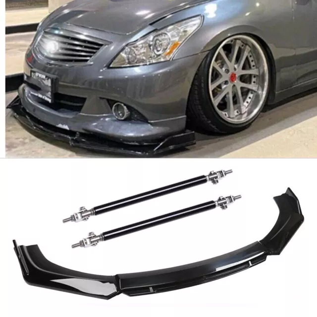 Front Bumper Lip Spoiler Splitter Bod Kit GlossyBlack Strut Rod For Infiniti G35