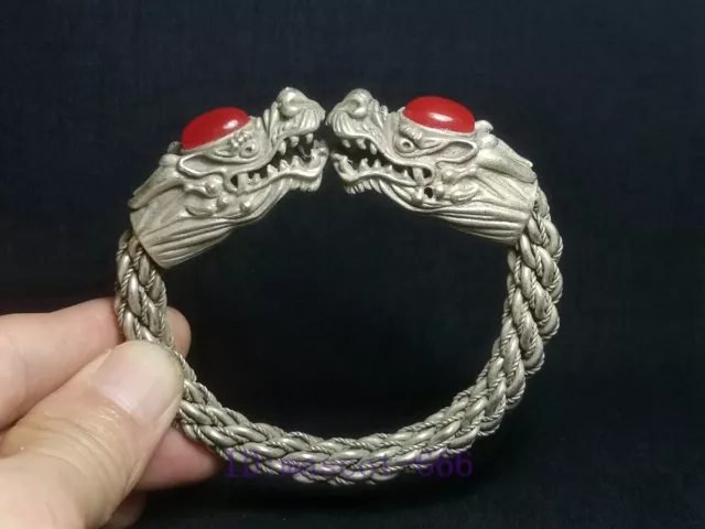 Old Collection Chinese Tibet Silver Handmade dragon Inlaid Jewelry Bracelet gift