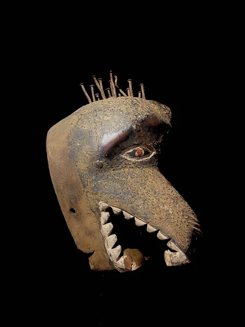 African Wooden African Carved Wood and Feather Mask, Kuba Pwoom-Itok-4566