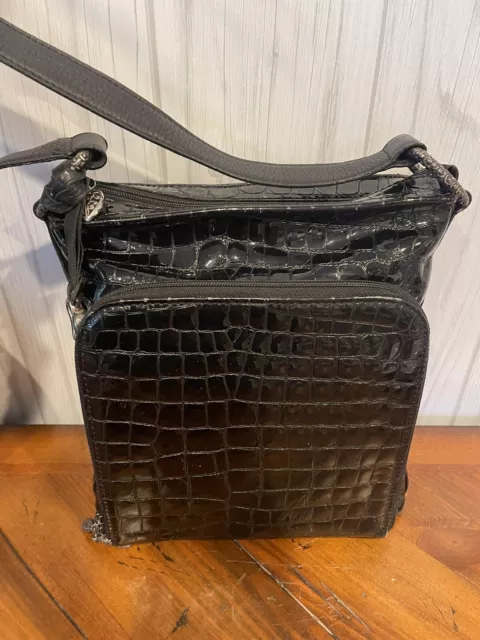 BRIGHTON Vintage 90's Black Shoulder Bag Purse Organizer pocket, Embossed Leathe