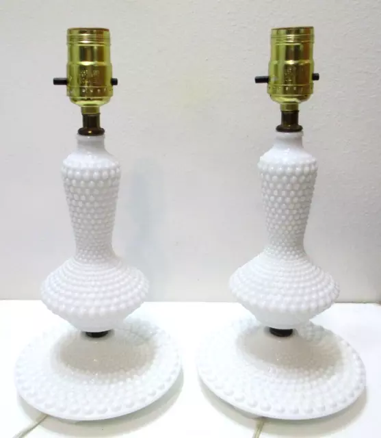 Vintage White Milk Glass Lamps PAIR Hobnail Dresser Boudoir Table 12 1/4" Tall