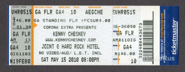 2010 KENNY CHESNEY Concert 5/15 Full Ticket JOINT @ HARD ROCK HOTEL WITH A TWO