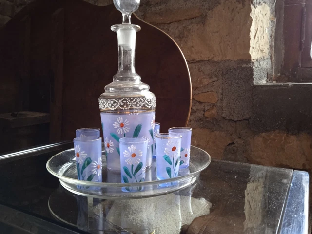 Service À Liqueur Ancien Verre Émaillé Bleu Carafe Et Verres