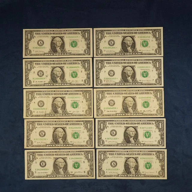 Lot of 10 $1 Federal Reserve Star Notes - Free Shipping USA