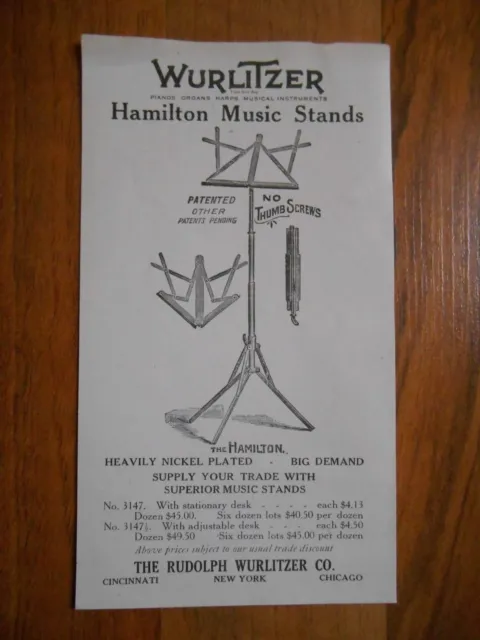 Old Vintage Rudolph Wurlitzer Hamilton Music Stands Victoria / Buckeye Paper Ad.