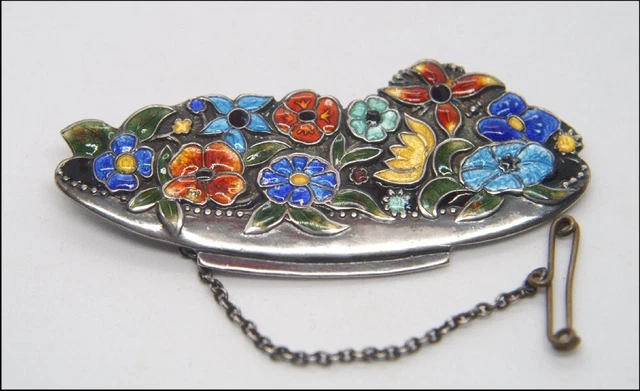 Antique Art Deco Sterling + Enamel Flower Brooch Birmingham 1920