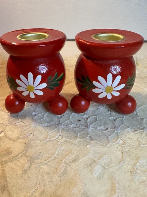 Vintage 1960s Pair Swedish Folk Art Candle Holders Christmas