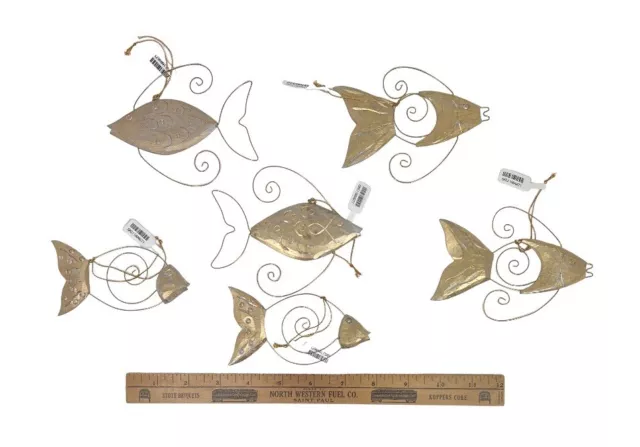 Set (6) - Vintage Pier 1 Handmade Gold Wire / Wood Fish Christmas Tree Ornaments