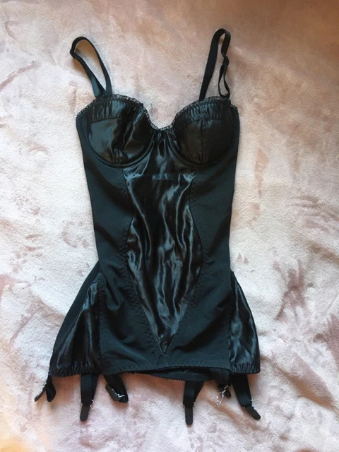 WHAT KATIE DID Black Glamour Corselette Mesh Satin Panels Pinup Vintage