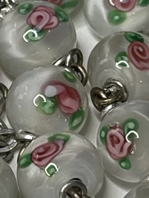 † Enormous Vintage Sterling Venetian Art Flowered White Glass Rosary 32" 80 Gr†