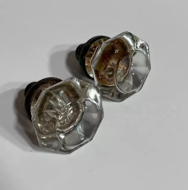 Crystal Glass Door Knob Antique 8 point w/brass  2 1/8" dia Star Pattern Vintage