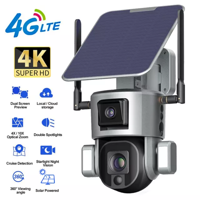 4K 4G Wireless Solar Camera 8MP WiFi Dual Lens 4X 10X Optical Zoom W/Solar Panel