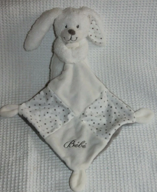 DOUDOU POMMETTE LAPIN BLANC MOUCHOIR GRIS POIS BEBE pas servi exc état