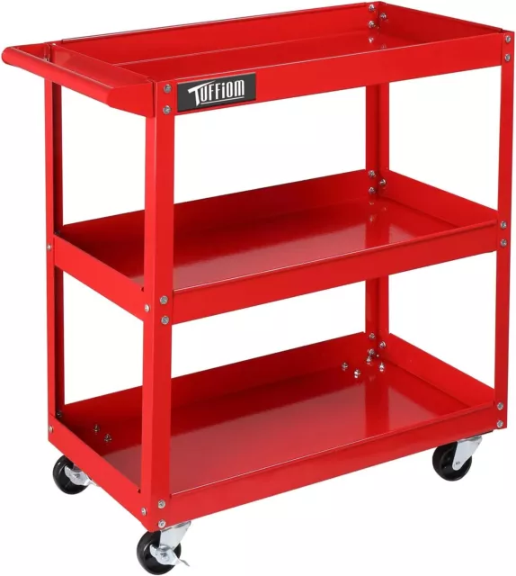 Red 3 Tier Rolling Tool Cart with Wheels / Handle 330 LBS Capacity Utility Cart