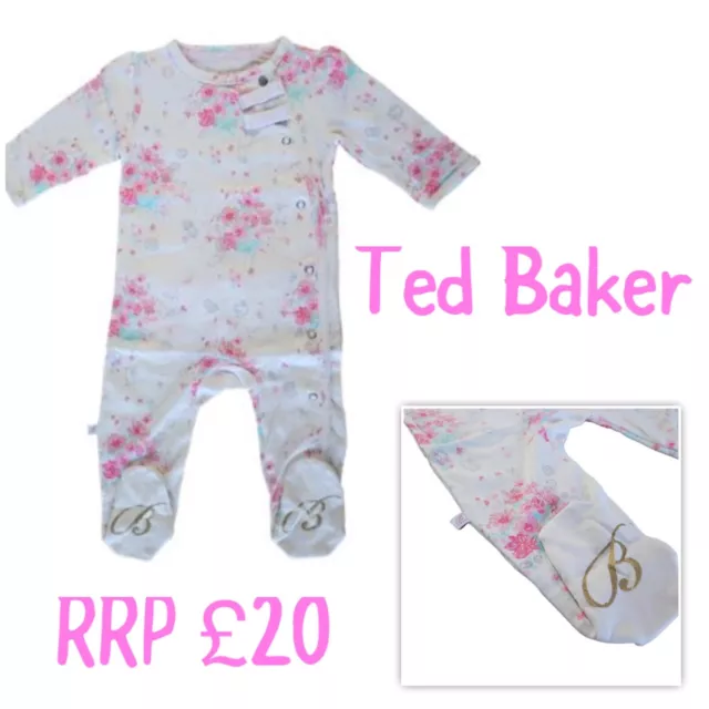 Designer Ted Baker Baby Girl Pink Bunny Floral Sleepsuit Babygrow Romper NB-24