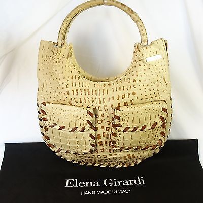 ELENA GIRARDI Italian Tan Leather Croc Embossed Handbag Brown Stitch Accents.