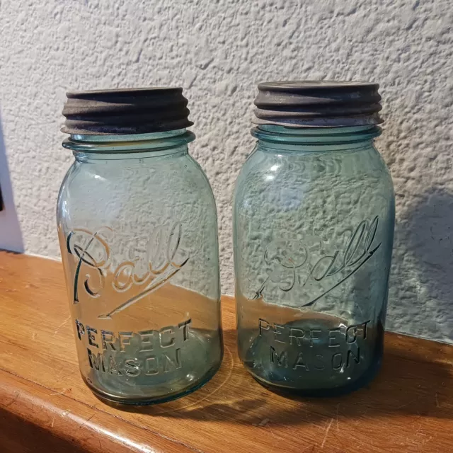 2 Ball Perfect Mason Quart Jars, Blue, Zinc Tops, Underscored, Vintage