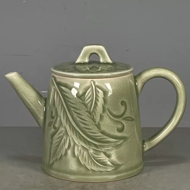 Chinese Hand-Carved pattern ancient Longquan kiln green porcelain Teapot /05