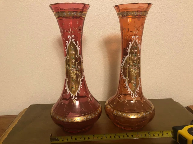 Austrian Cranberry Glass Vases (Pair) - Gold & White Floral Enamel 1890-1910