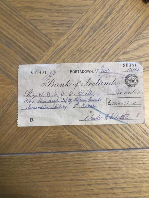 W D & H O Wills Vintage Cheque Bank Of Ireland  1964