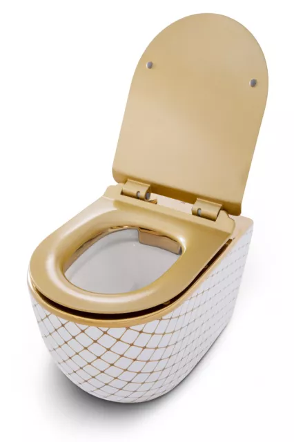 Design Wand Hänge WC Spülrandlos Toilette abnehmbarer WC Sitz mit Softclose Gold