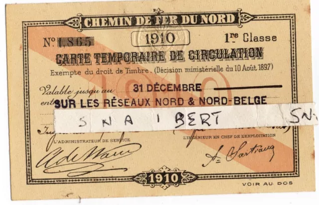 Chemin De Fer Du Nord Carte Temporaire De Circulation  1910