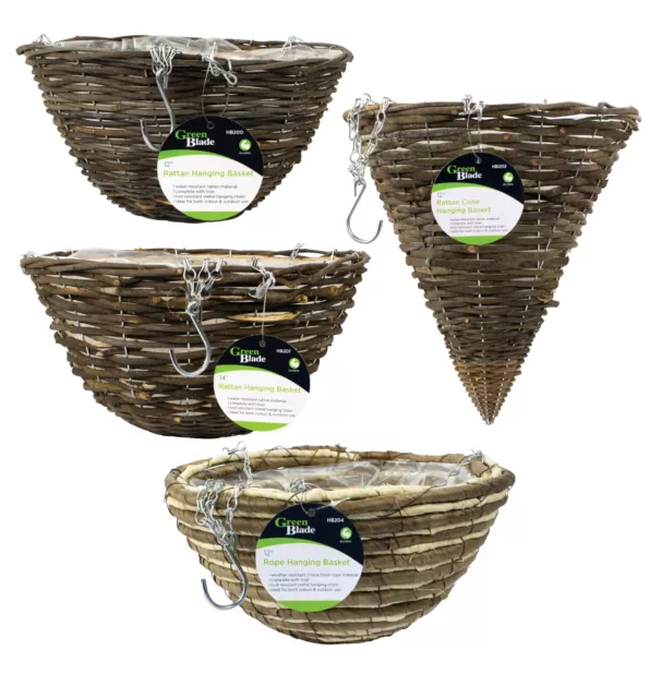 Hanging Basket Rattan Natural Wicker & Rope 12" 14" Round & Cone Lined Planters