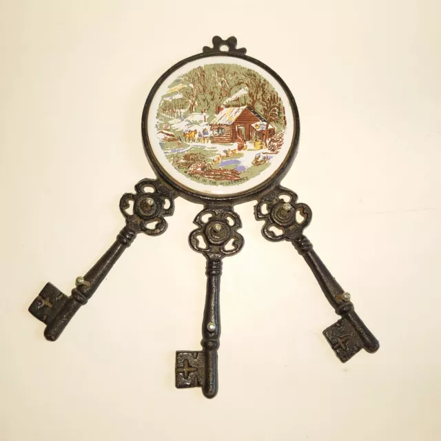 Vintage Wall Mounted Rustic Key Holder Cast Iron	and Ceramic with Cabin Scene