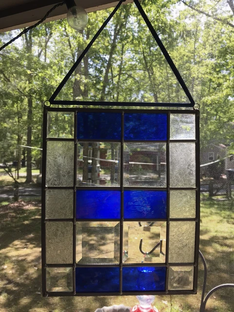 Vintage Stained Glass Window Panel. Mix of Cobalt Blue, Clear Beveled & Frosted