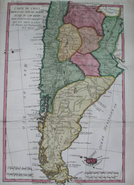 1780 Rare Original Map Argentina Patagonia Chile Falklands Buenos Aires Santiago