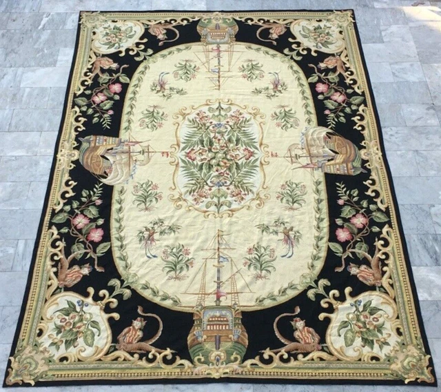 French Style Vintage Aubusson Handmade Amazing Pictorial Chain Stitch Rug 9x14ft