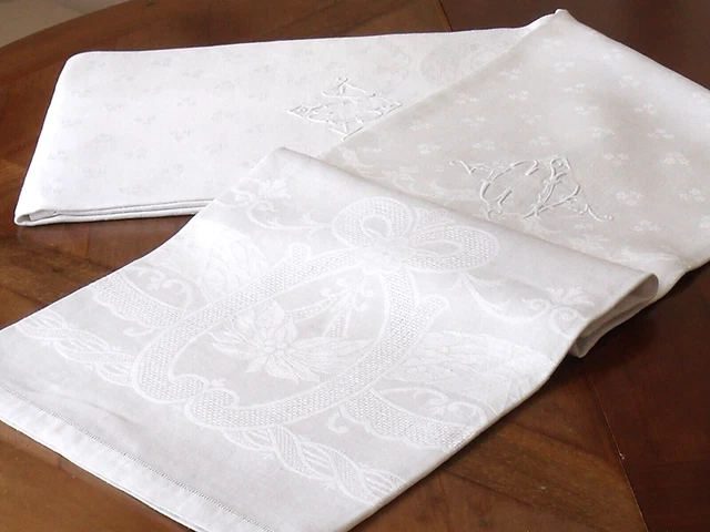 Nappe Ancienne Damassée Blanc Et Orange - 100% Coton - Occasion à Personnaliser