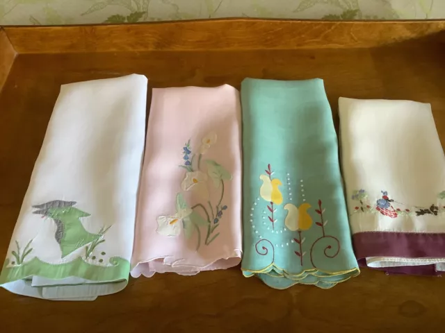 Four vintage madeira linen hand towels, beautiful appliqué and embroidery
