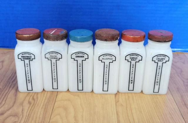 Vintage Griffith's Milk Glass Spice Jars Set of 6 Vintage Griffith's Milk Glass Spice Jars Set of 6