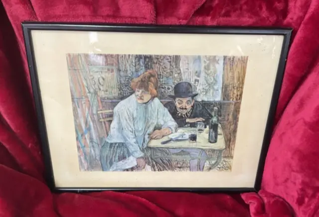 vintage framed print of elderly couple sitting at a table surrounded by art rare