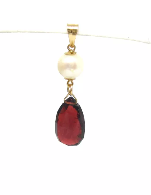 Solid 14KT Gold Natural Faceted Garnet and Cultured Akoya Pearl Pendant