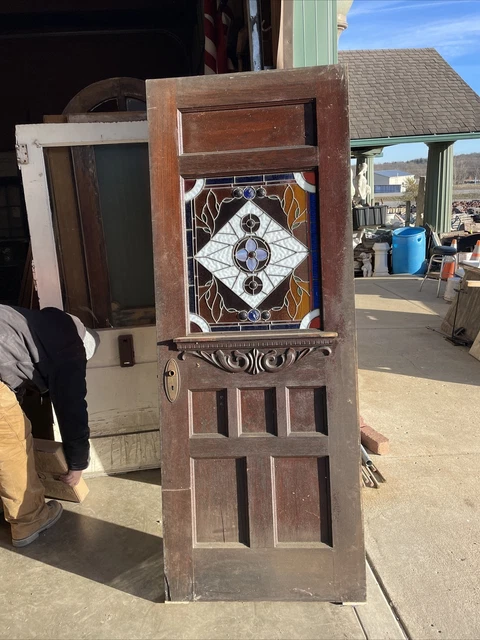 AN 695 antique stained and jeweled Glass entrance door 32 x 83.75 x 1.75.
