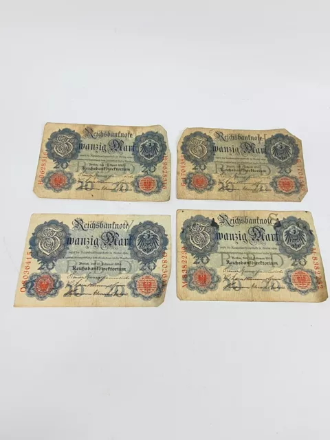 4X Zwanzig Mark - Reichsbanknote - 1910 - 20 Mark leicht gebraucht