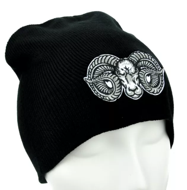 Evil Ram Horns Goat Head Black Beanie Knit Cap Hat Metal Punk Occult Alternative 2