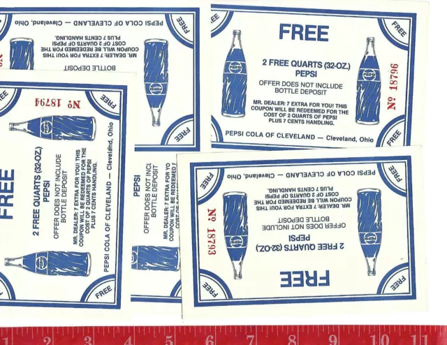 5 vintage Pepsi Cola coupon 2 free quarts PEPSI Cleveland Ohio