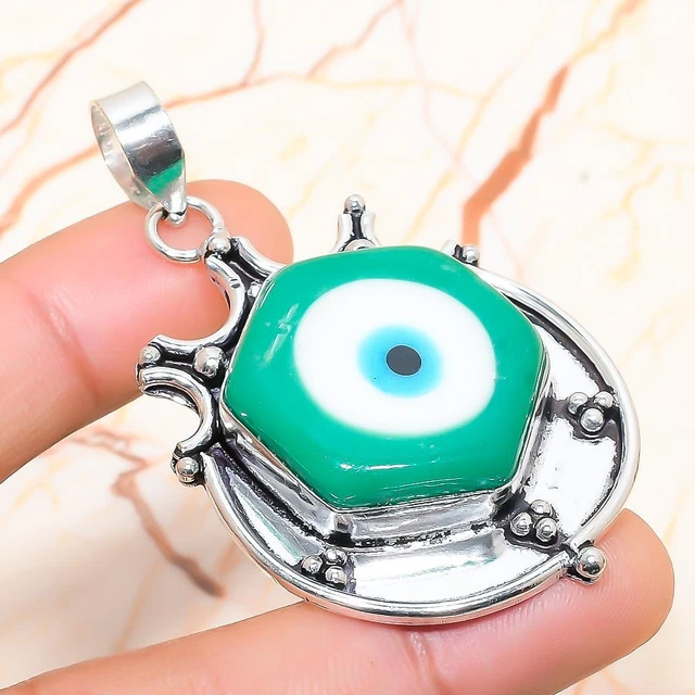 Green Evil Eye Gemstone Handmade Gift Jewelry Pendant 2.36" T243