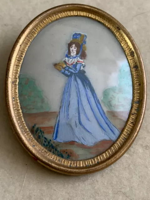 Beautiful Antique French Brooch - Hand Painted Cameo - Lady in costume 4.5cm