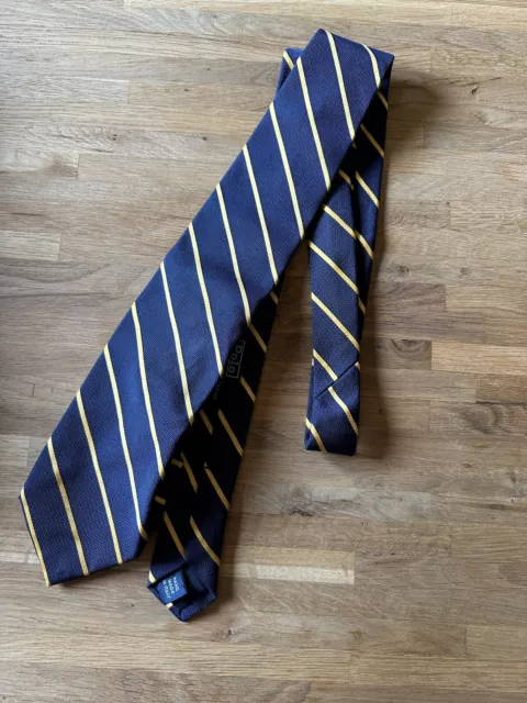 Polo Ralph Lauren Mens Tie Navy And Gold Striped 100% Silk Made In Italy Vintage