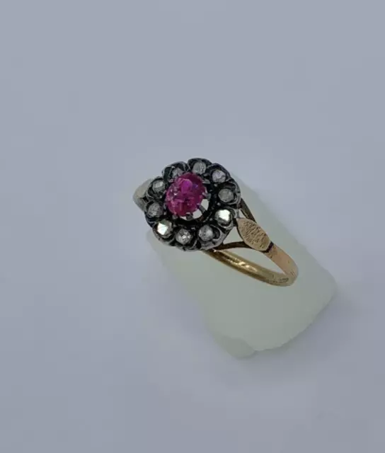 Georgiano Rubí Anillo Rosa Corte Diamante Halo 18 Karat Oro Antiguo Compromiso 2